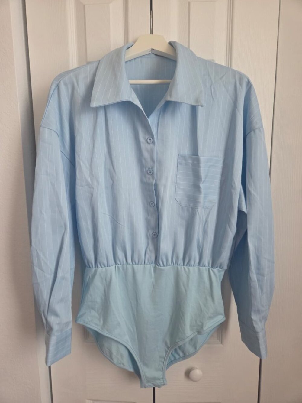 SHEIN Light Blue Striped Button Down Bodysuit Size L